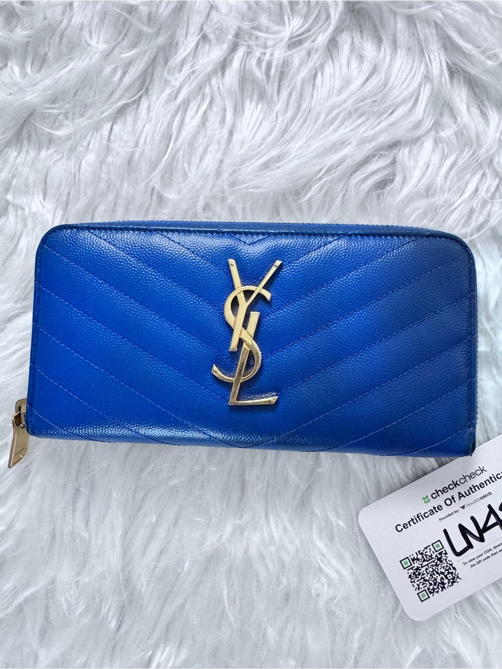 Saint Laurent Electric Blue Quilted Zip Wallet with Gold YSL